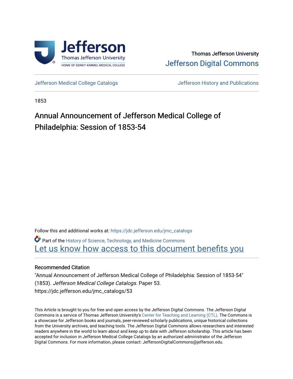 Annual Announcement of Jefferson Medical College of Philadelphia: Session of 1853-54