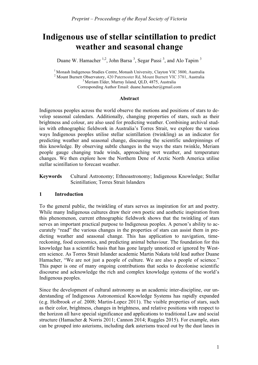 Indigenous Use of Stellar Scintillation to Predict Weather and Seasonal Change