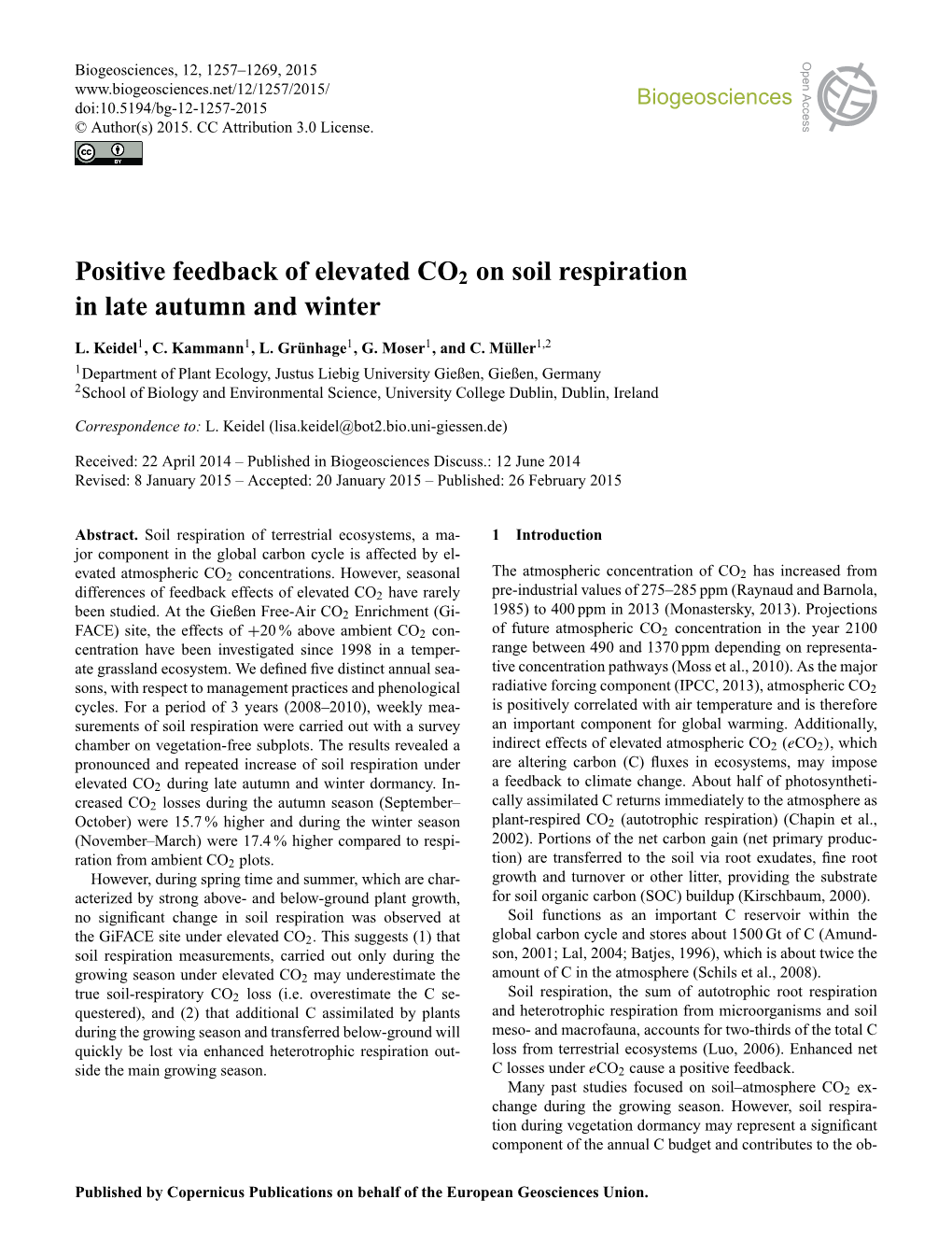 Positive Feedback of Elevated CO2 on Soil Respiration in Late Autumn and Winter