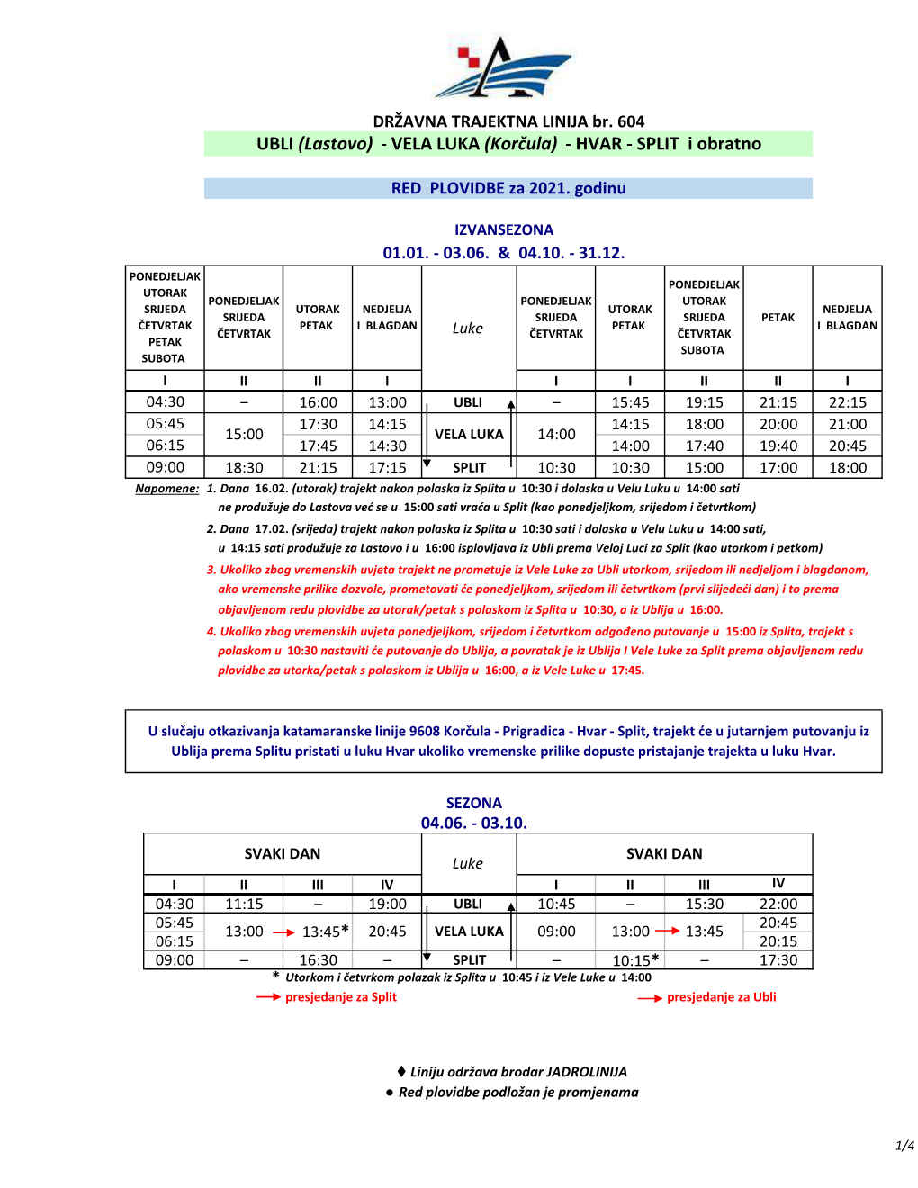 UBLI (Lastovo) - VELA LUKA (Korčula) - HVAR - SPLIT I Obratno