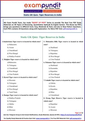 Static GK Quiz: Tiger Reserves in India