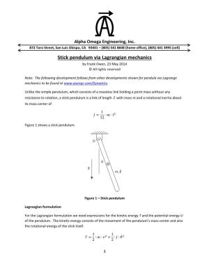 Stick Pendulum Via Lagrangian Mechanics by Frank Owen, 23 May 2014 © All Rights Reserved