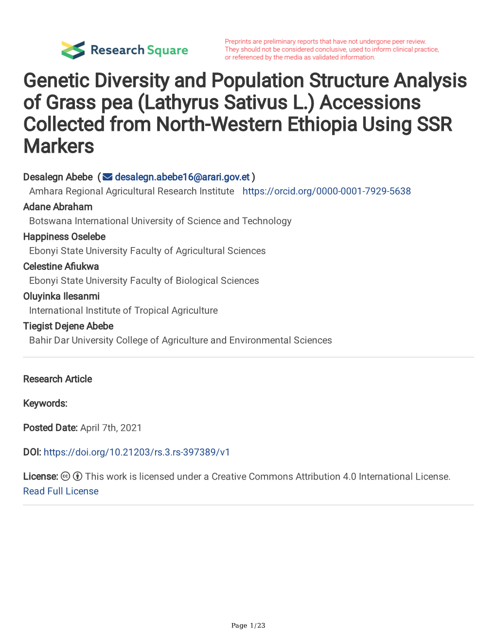 Genetic Diversity and Population Structure Analysis of Grass Pea (Lathyrus Sativus L.) Accessions Collected from North-Western Ethiopia Using SSR Markers