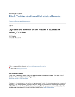 Legislation and Its Effects on Race Relations in Southeastern Indiana, 1785-1860