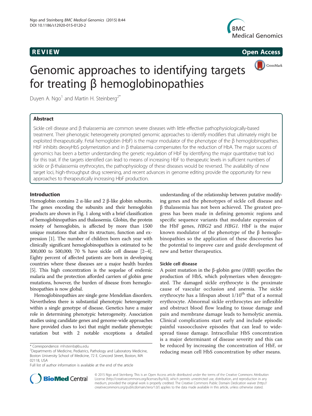 Genomic Approaches to Identifying Targets for Treating Β Hemoglobinopathies Duyen A
