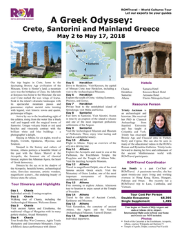 A Greek Odyssey: Crete, Santorini and Mainland Greece May 2 to May 17, 2018