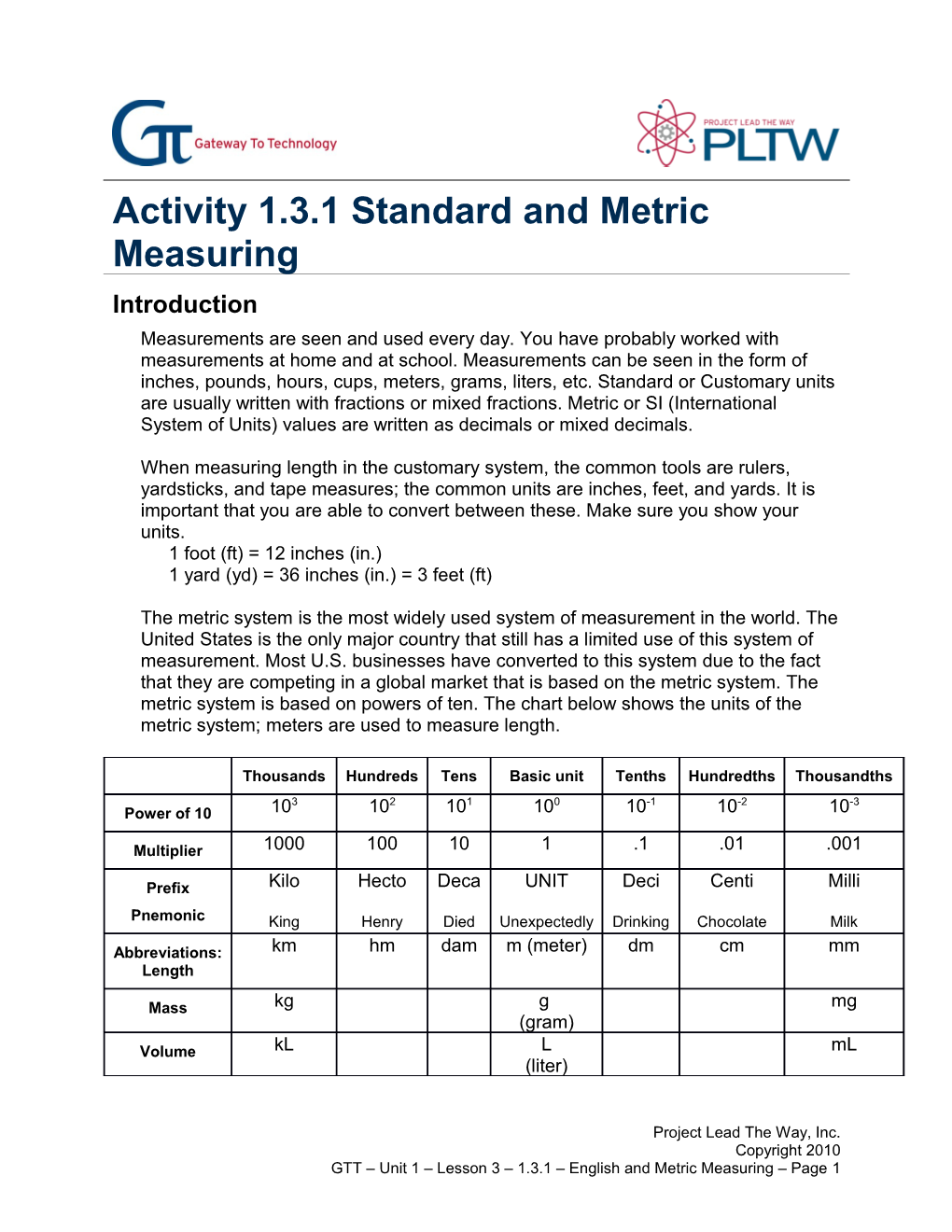 Activity 1.3.1 English and Metric Measuring s1