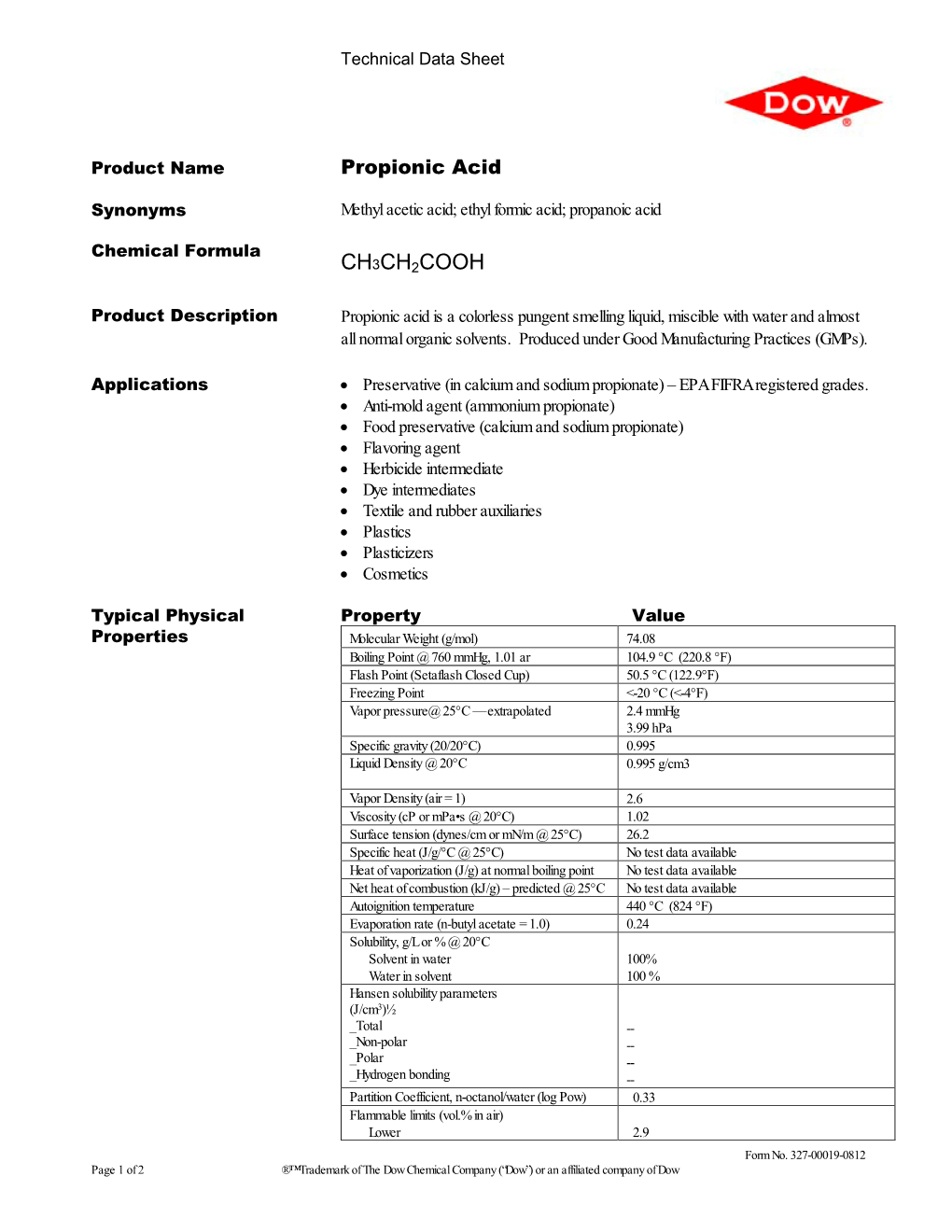 Propionic Acid Technical Data Sheet DocsLib