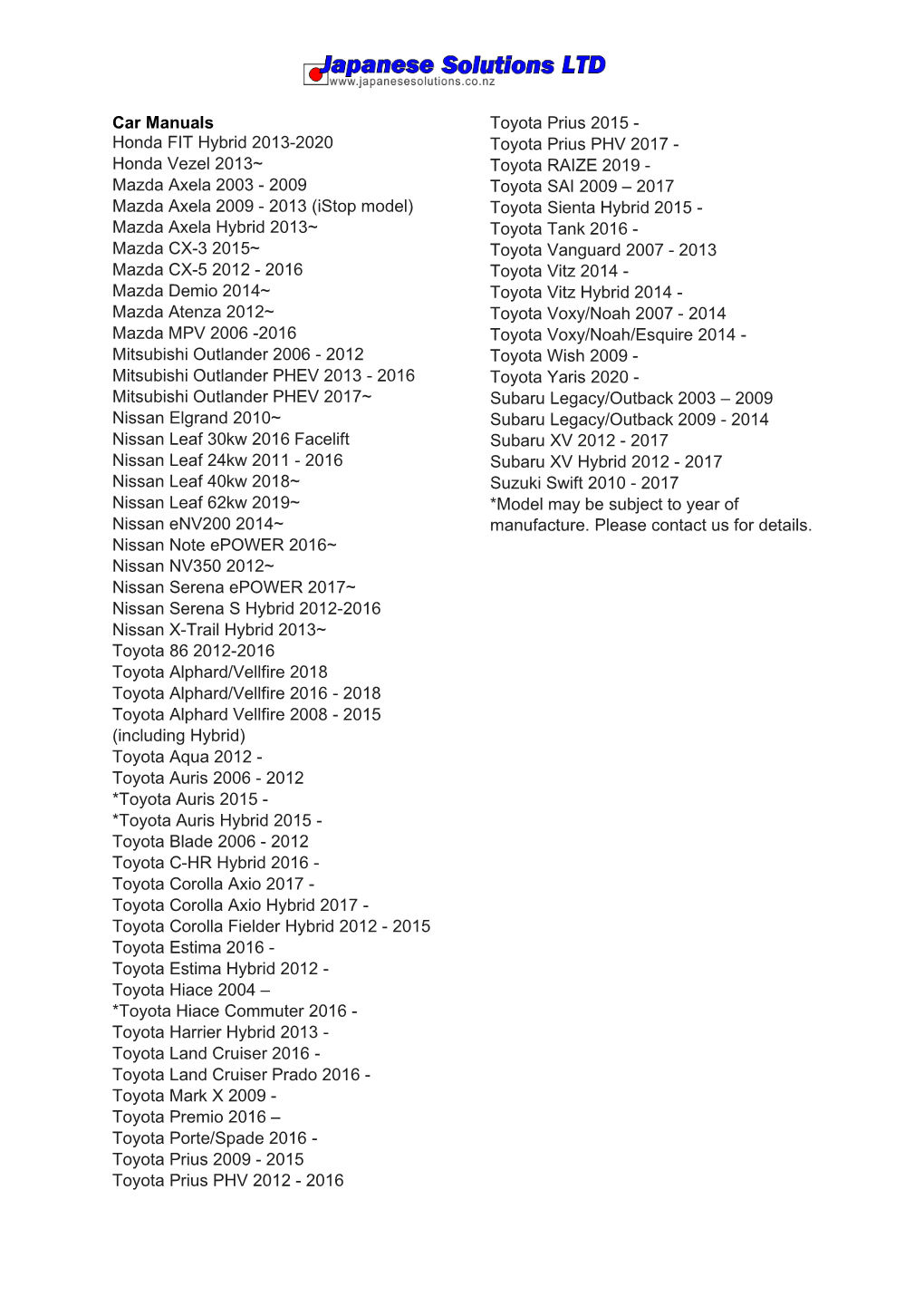 Car Manuals Honda FIT Hybrid 2013-2020 Honda Vezel 2013~ Mazda Axela 2003