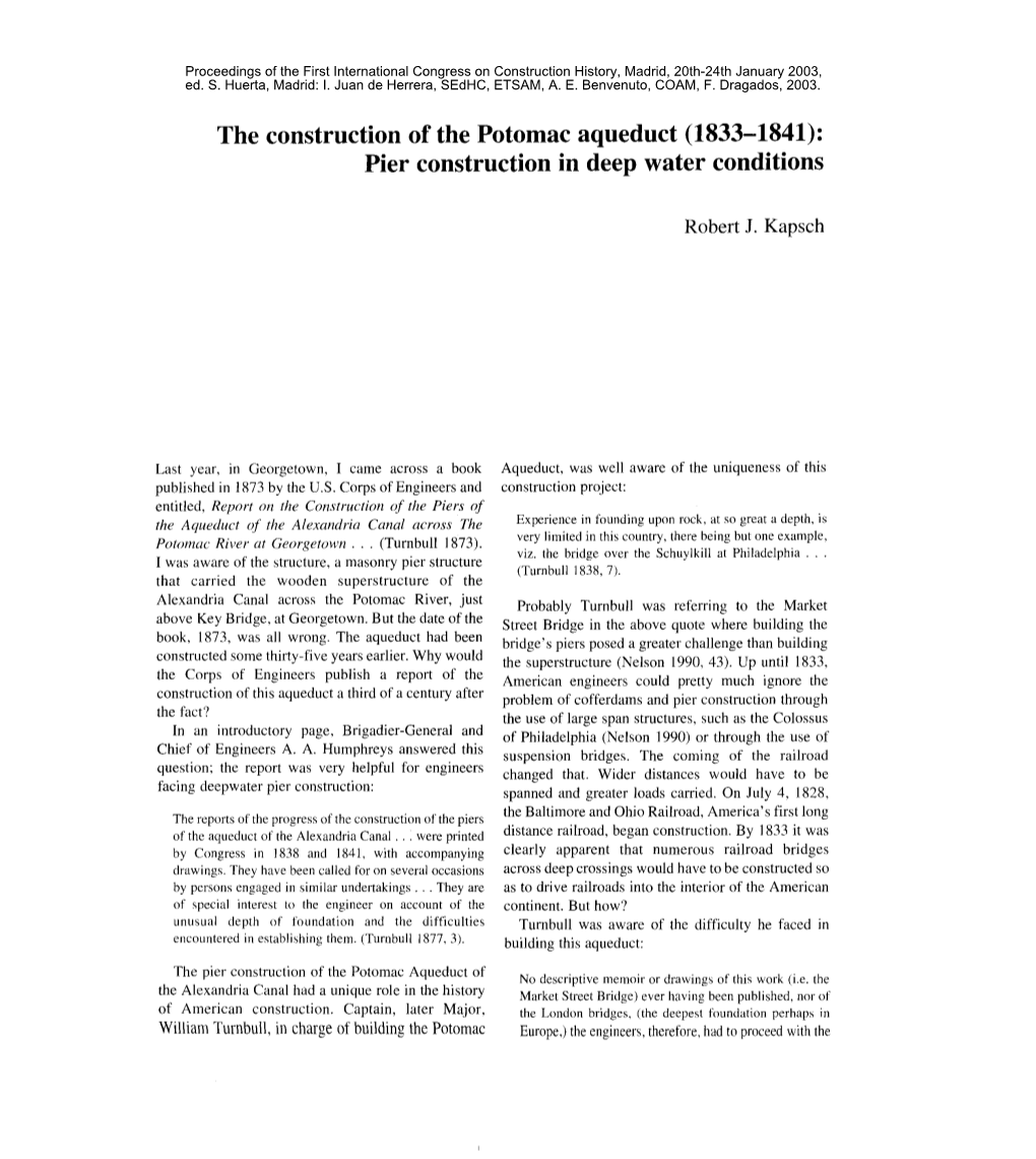 The Construction of the Potomac Aqueduct (1833-1841): Pier Construction in Deep Water Conditions