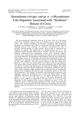 Spiroplasma Citri Gen. and Sp. N.: a Mycoplasma- Like Organism Associated with “Stubborn” Disease of Citrus P