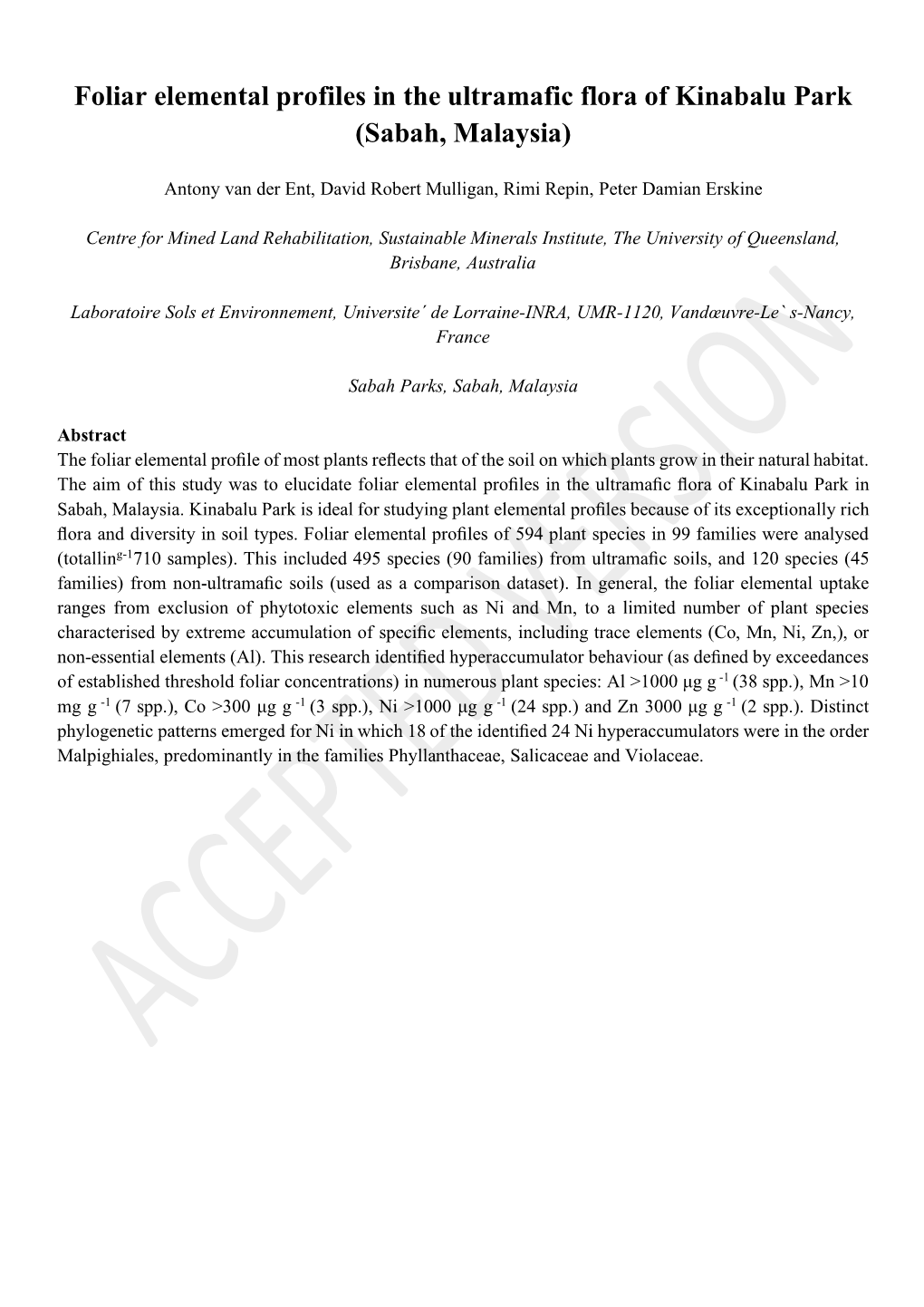 Foliar Elemental Profiles in the Ultramafic Flora of Kinabalu Park (Sabah, Malaysia)