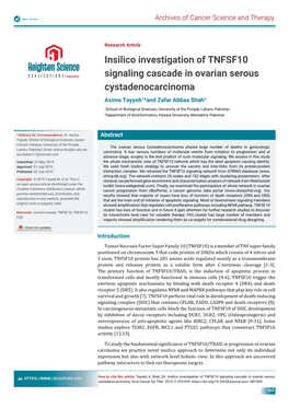 Insilico Investigation of TNFSF10 Signaling Cascade in Ovarian Serous Cystadenocarcinoma Asima Tayyeb1*And Zafar Abbas Shah2