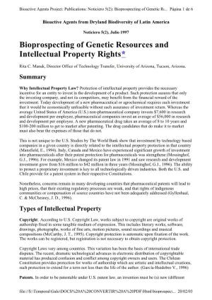 Bioprospecting of Genetic Resources and Intellectual Property Rights*
