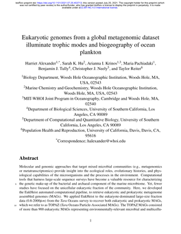 Eukaryotic Genomes from a Global Metagenomic Dataset Illuminate Trophic Modes and Biogeography of Ocean Plankton
