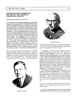 The Reception of Hydrogen Bonding by the Chemical Community: 1920-1937