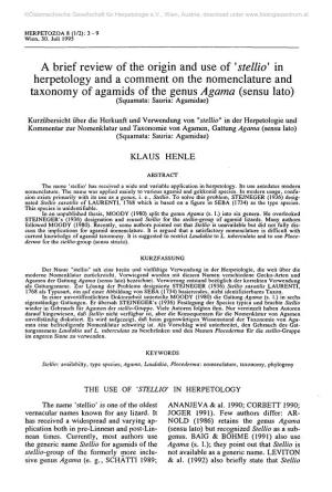 Stellio' in Herpetology and a Comment on the Nomenclature and Taxonomy of Agamids of the Genus Agama (Sensu Lato) (Squamata: Sauria: Agamidae)