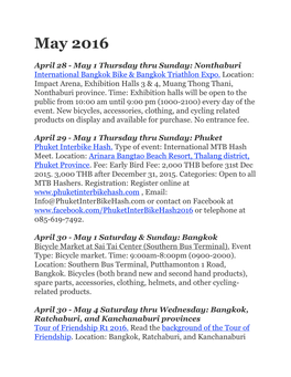 May 2016 Bicyclethailand.Com Events Calendar