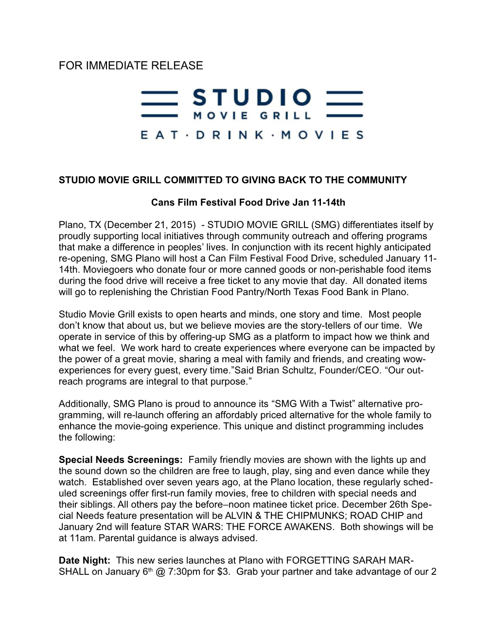 Studio Movie Grill Committed to Giving Back to the Community