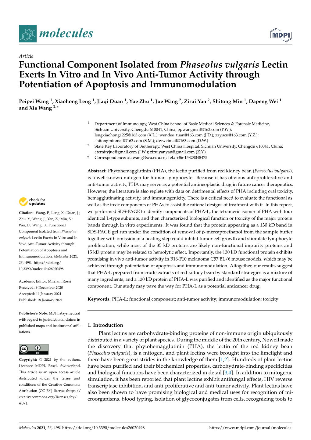 Functional Component Isolated from Phaseolus Vulgaris Lectin Exerts in Vitro and in Vivo Anti-Tumor Activity Through Potentiation of Apoptosis and Immunomodulation