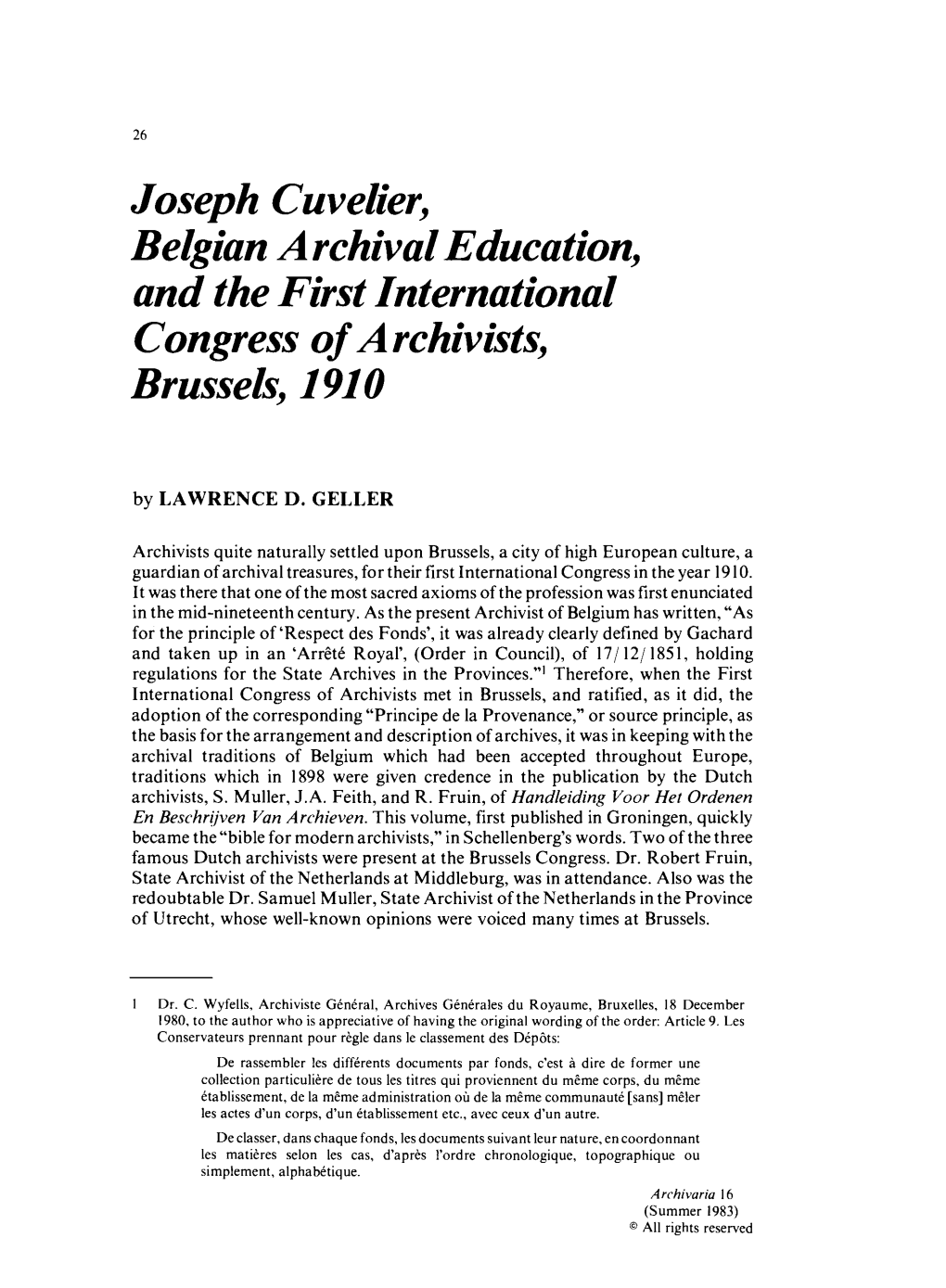 Joseph Cuvelier, Belgian a Rchival Education, and the First International Congress of a Rchivists, Brussels, 191 0