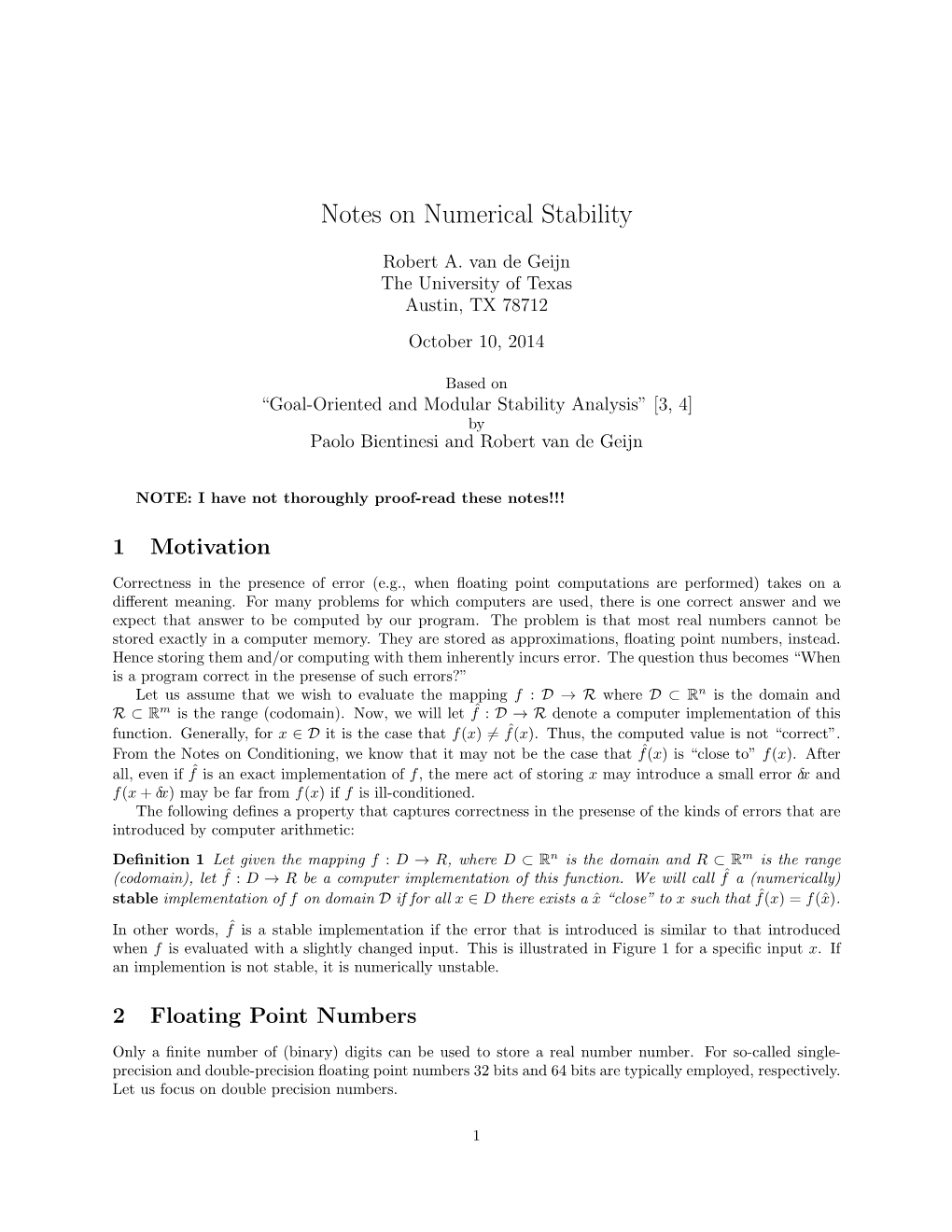 Notes on Numerical Stability