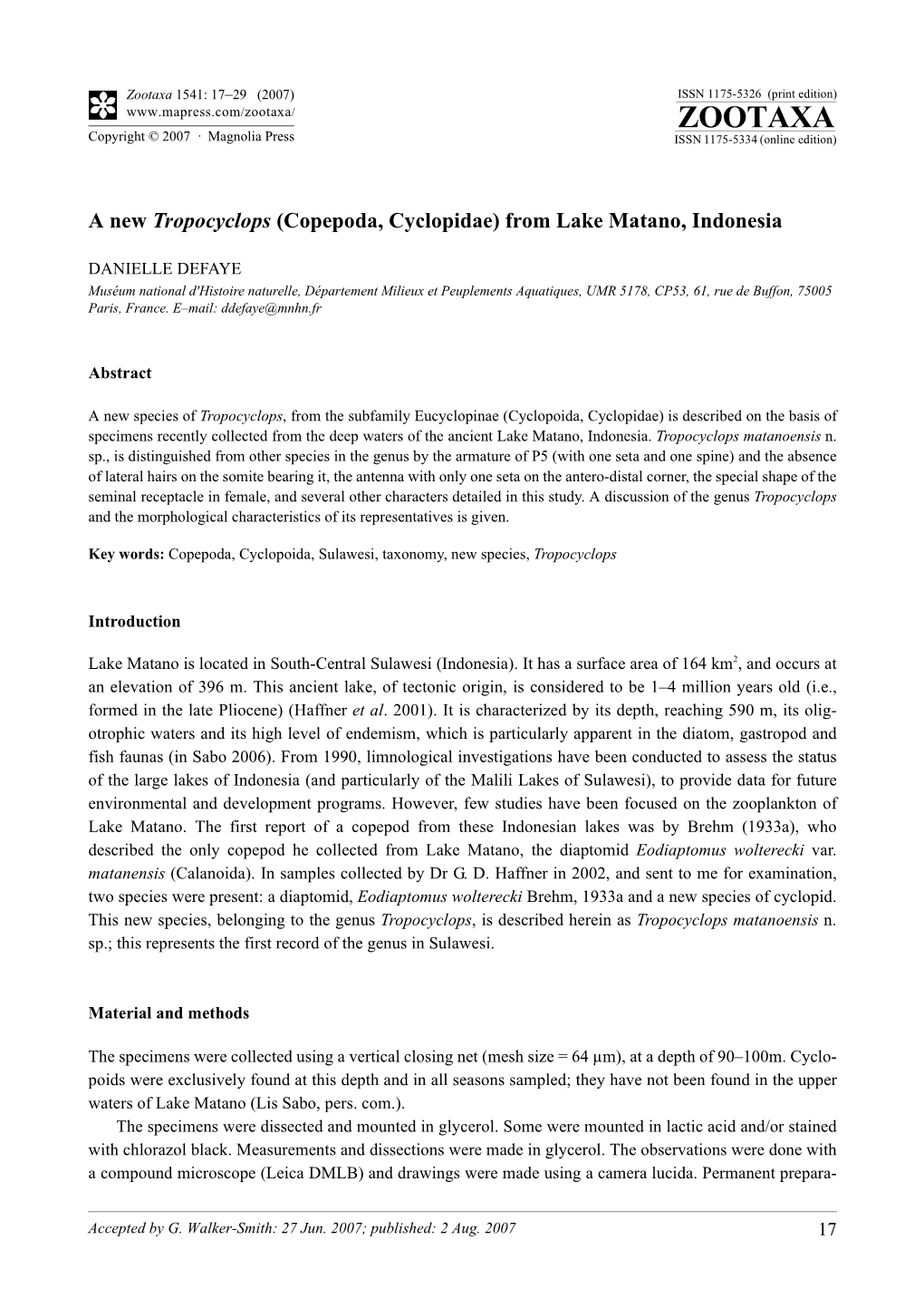 Zootaxa,A New Tropocyclops (Copepoda, Cyclopidae) from Lake