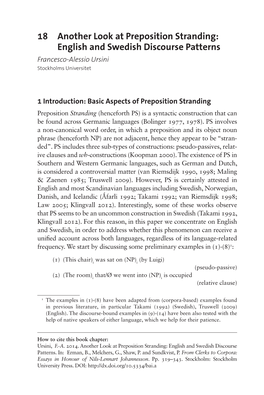 18 Another Look at Preposition Stranding: English and Swedish Discourse Patterns Francesco-Alessio Ursini Stockholms Universitet