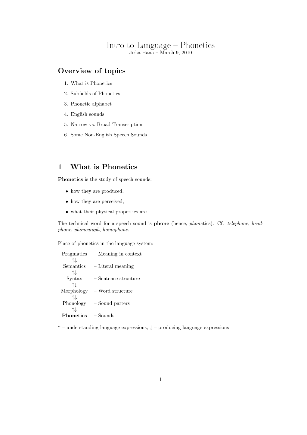 Intro to Language – Phonetics Jirka Hana – March 9, 2010