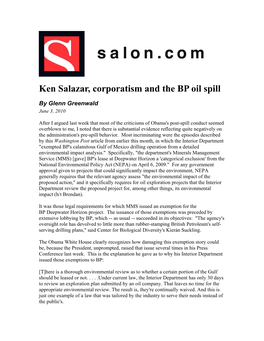 Ken Salazar, Corporatism and the BP Oil Spill