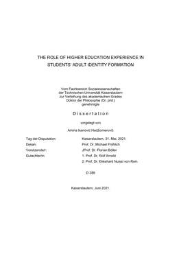 The Role of Higher Education Experience in Students‘ Adult Identity Formation
