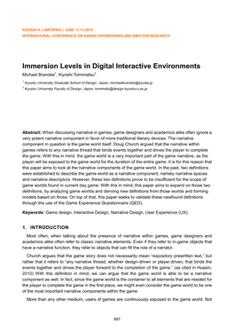 Immersion Levels in Digital Interactive Environments Michael Brandse1, Kiyoshi Tomimatsu2