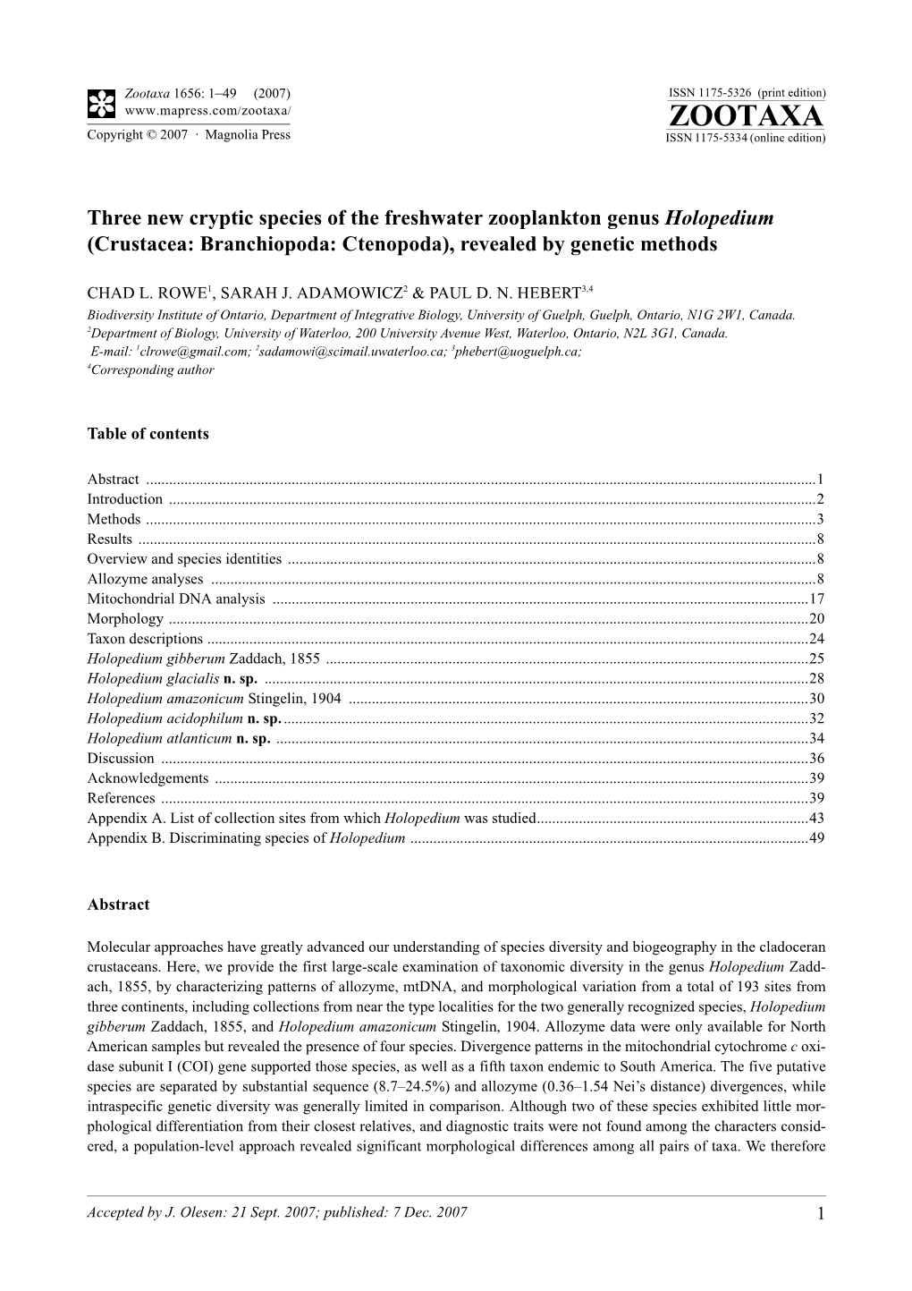 Zootaxa,Three New Cryptic Species of the Freshwater