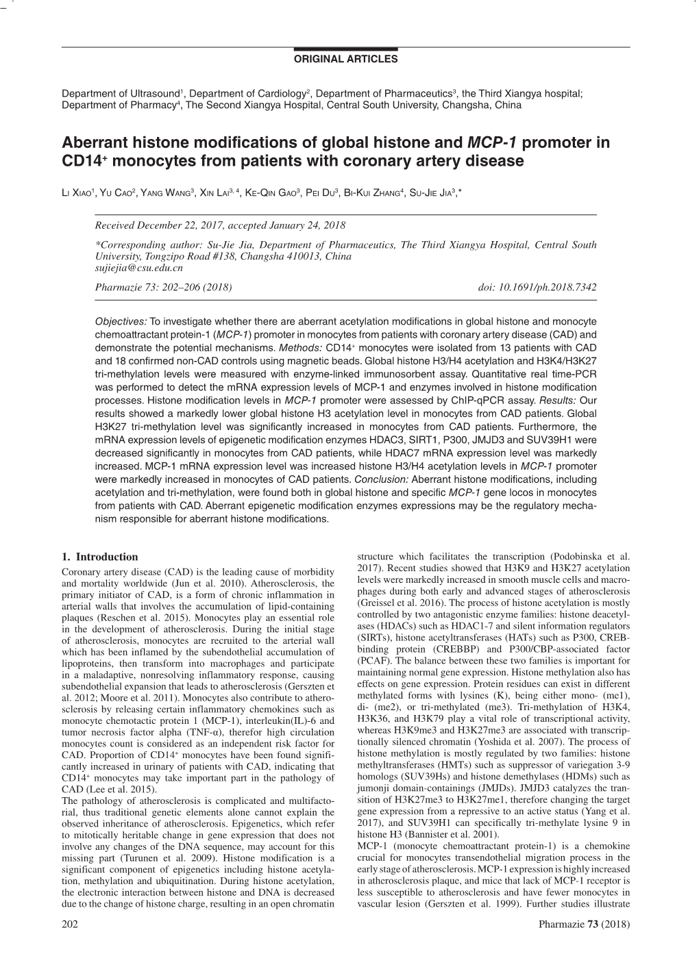 Aberrant Histone Modifications of Global Histone and MCP-1 Promoter in CD14+ Monocytes from Patients with Coronary Artery Disease