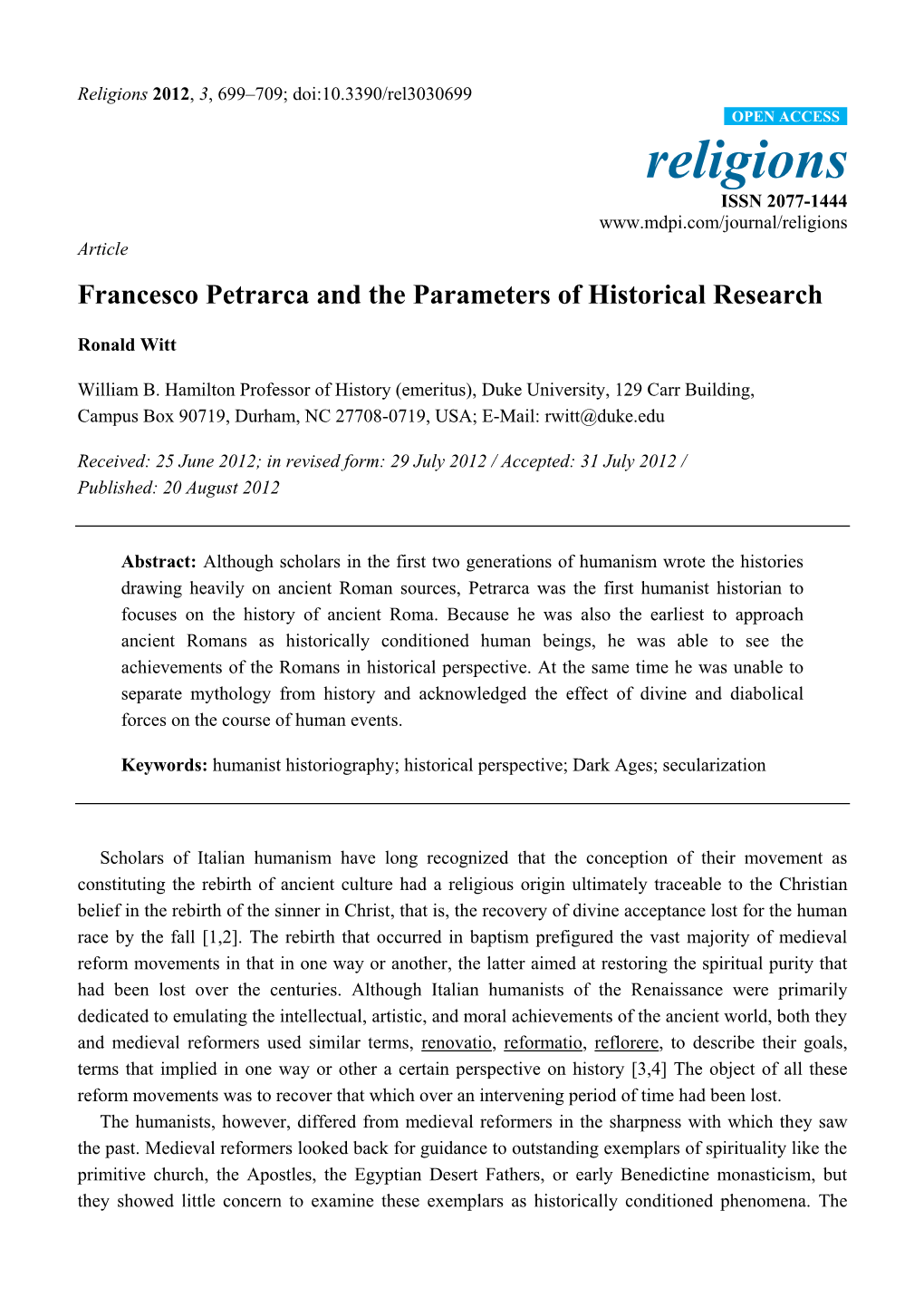 Francesco Petrarca and the Parameters of Historical Research