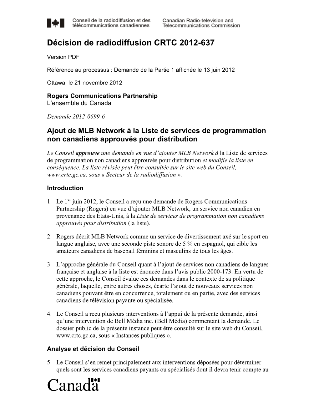 Décision De Radiodiffusion CRTC 2012-637