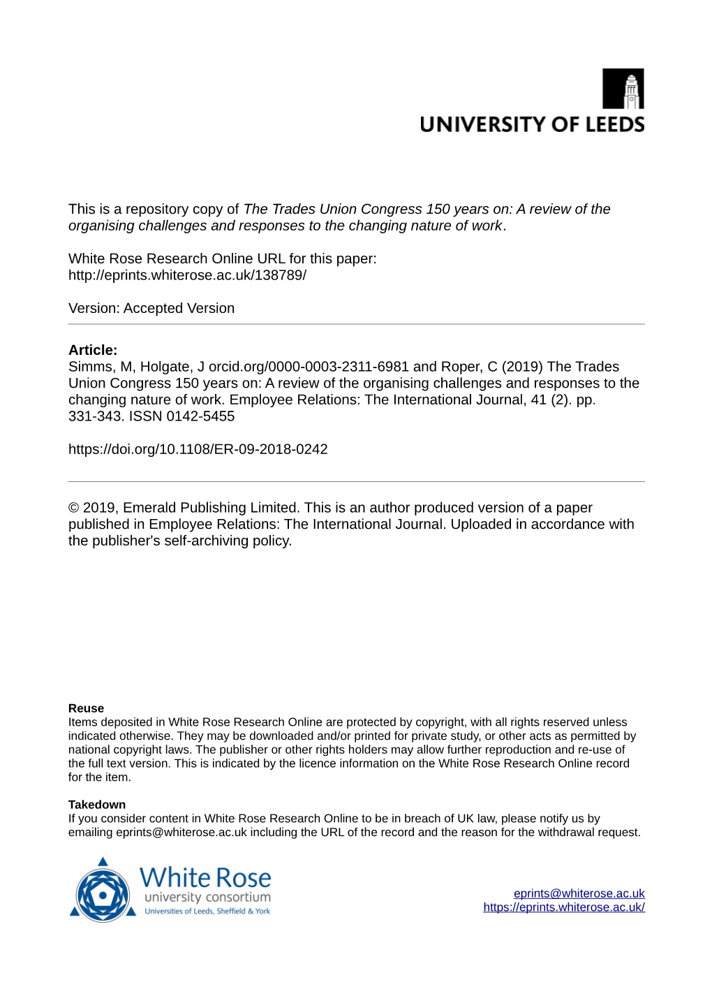 The Trades Union Congress 150 Years On: a Review of the Organising Challenges and Responses to the Changing Nature of Work