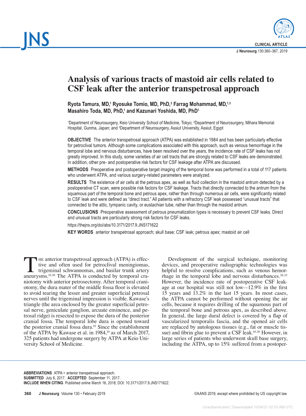 Analysis of Various Tracts of Mastoid Air Cells Related to CSF Leak After the Anterior Transpetrosal Approach