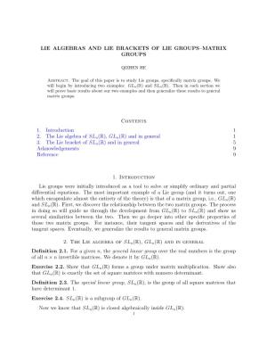 Lie Algebras and Lie Brackets of Lie Groups–Matrix Groups