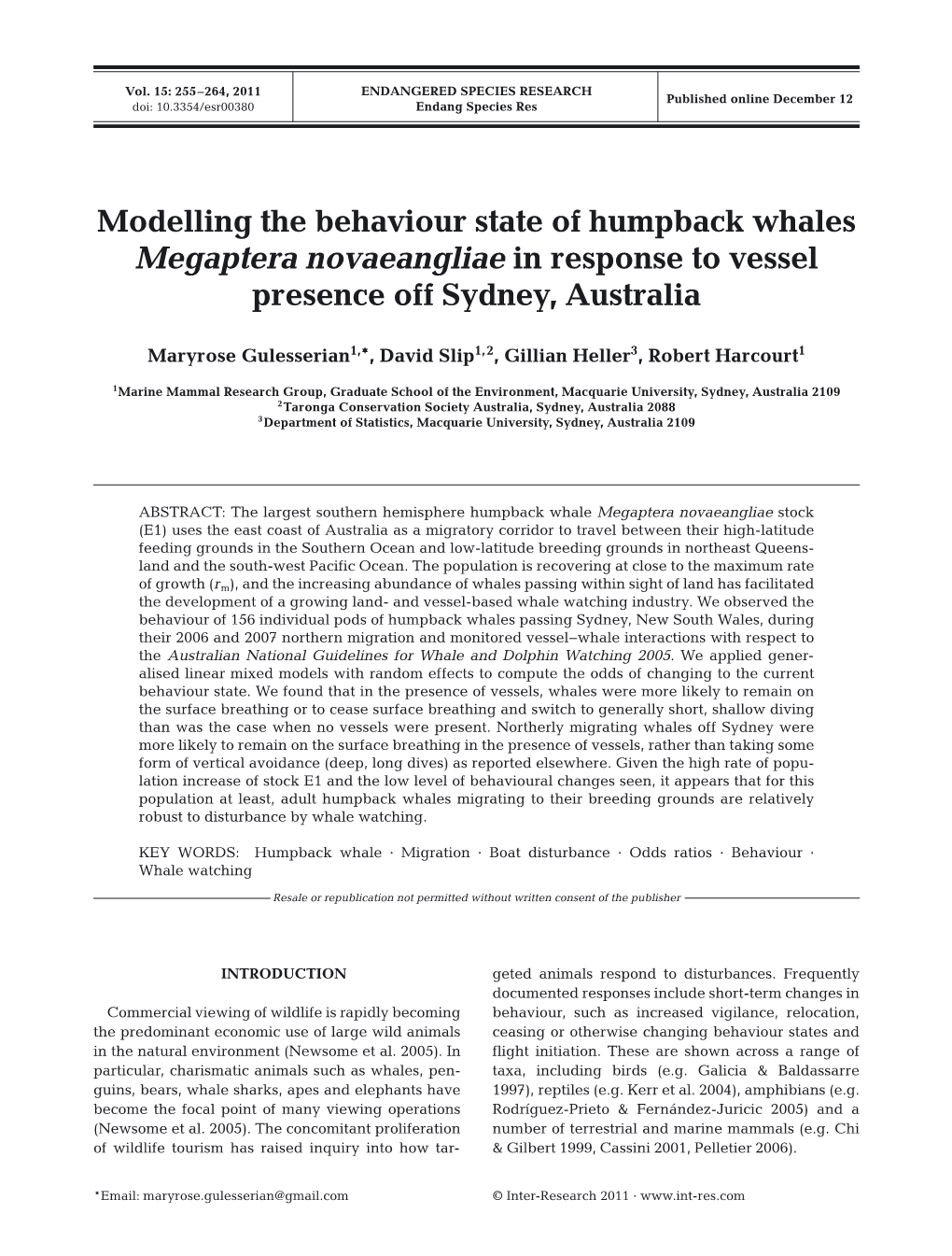 Modelling the Behaviour State of Humpback Whales Megaptera Novaeangliae in Response to Vessel Presence Off Sydney, Australia