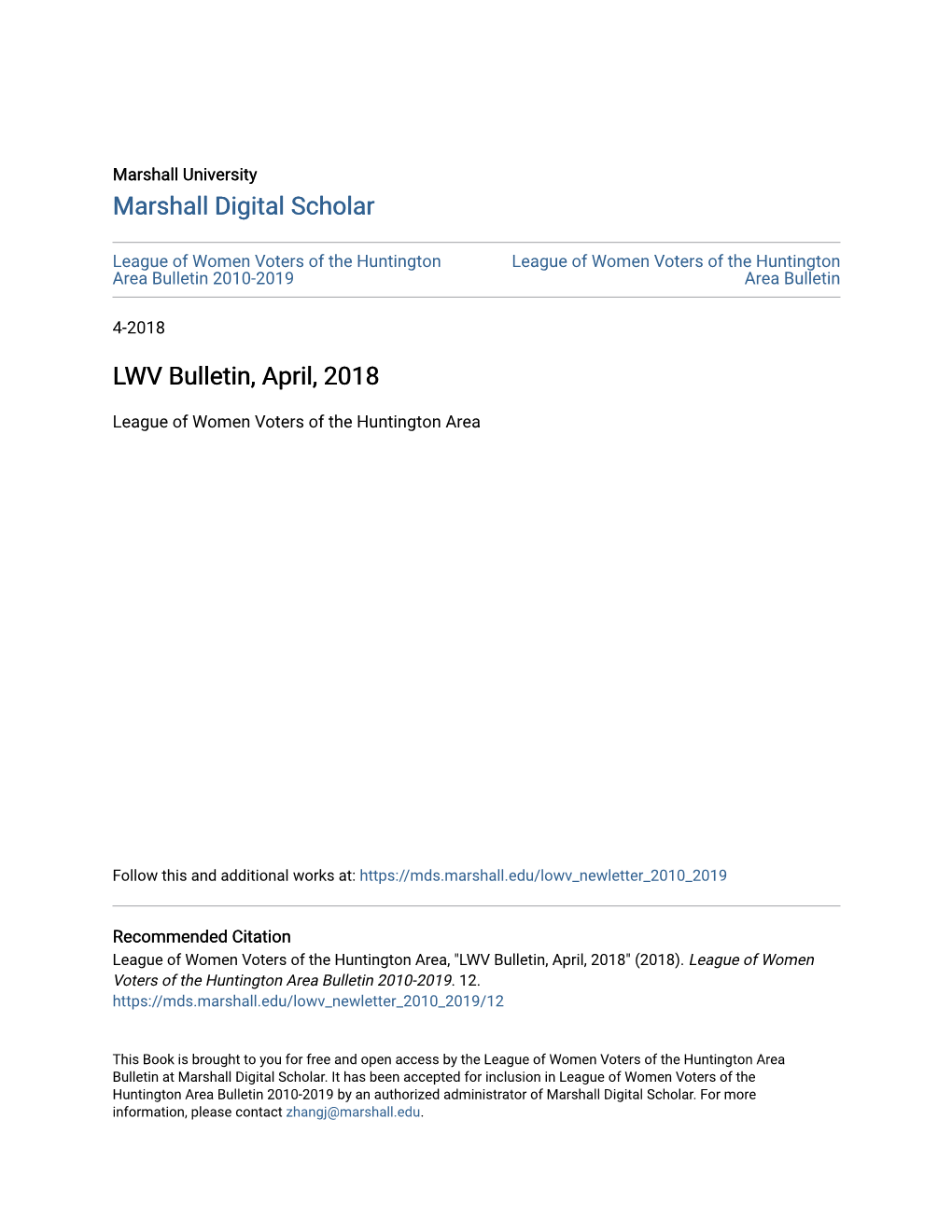 LWV Bulletin, April, 2018