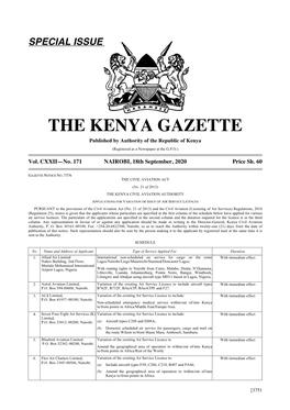 THE KENYA GAZETTE Published by Authority of the Republic of Kenya (Registered As a Newspaper at the G.P.O.)