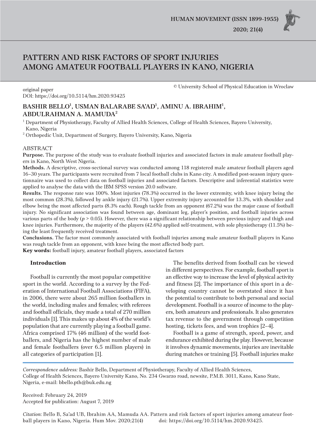 Pattern and Risk Factors of Sport Injuries Among Amateur Football Players in Kano, Nigeria