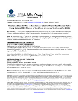 UCANN Generation to Sponsor Walter Camp National College Football Players of the Week