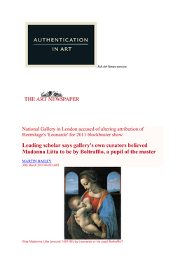 Leading Scholar Says Gallery's Own Curators Believed Madonna Litta to Be by Boltraffio, a Pupil of the Master