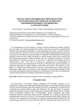 Translating Cryobiology Principles Into Trans-Disciplinary Storage Guidelines for Biorepositories and Biobanks: a Concept Paper