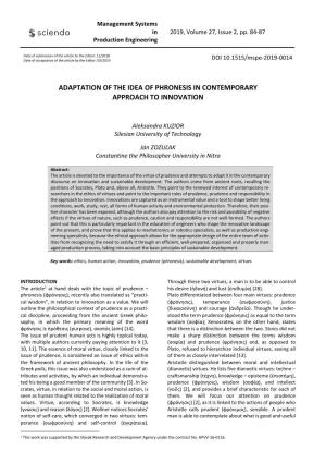 Adaptation of the Idea of Phronesis in Contemporary Approach to Innovation