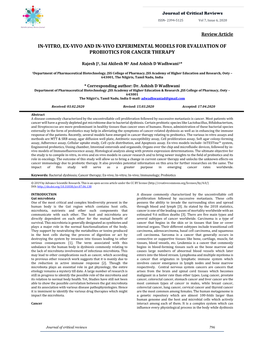 In-Vitro, Ex-Vivo and In-Vivo Experimental Models for Evaluation of Probiotics for Cancer Therapy