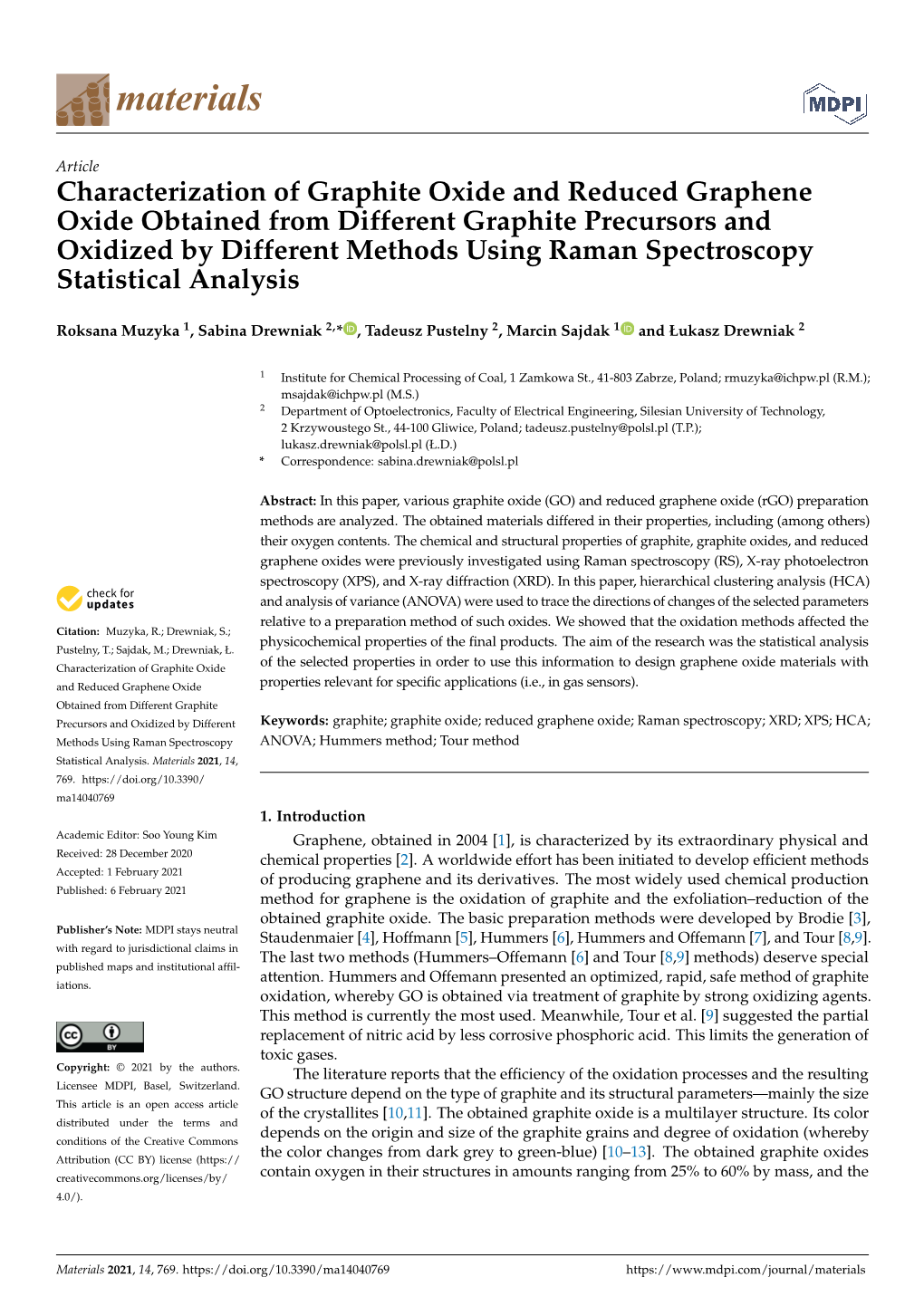 Characterization of Graphite Oxide and Reduced Graphene Oxide