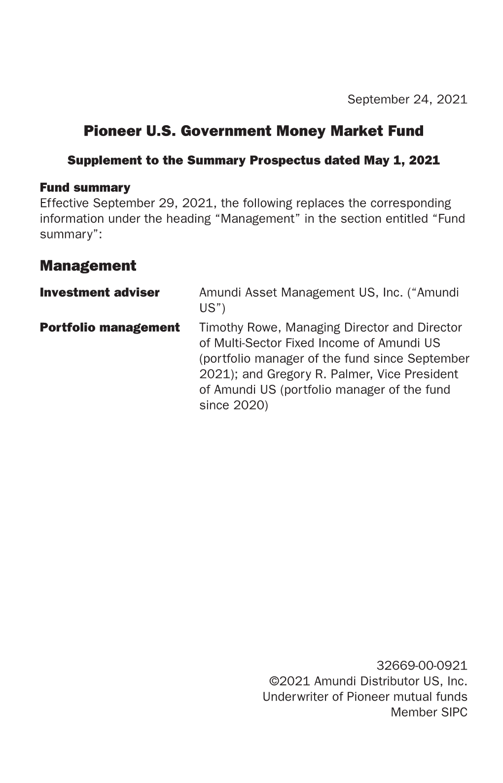 Pioneer U.S. Government Money Market Fund